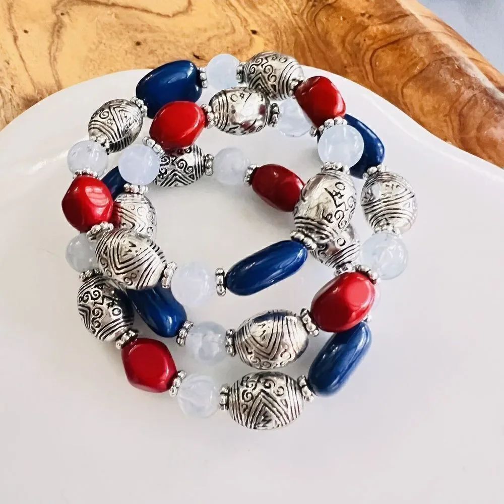 3โVintage Bracelet Silver Tone Spacer Red Blue Chunky Beaded Stretch Bangleโ4700